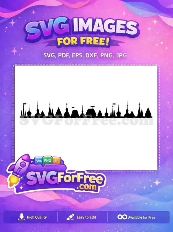 Free Castle City Skyline SVG – Instant Download Design Free fantasy castle skyline SVG design, a stunning black silhouette with various spires and flags, available for free download.