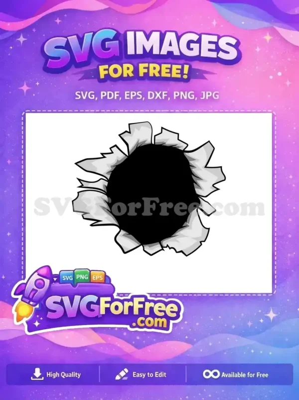A free design of a realistic ripped paper hole with a deep black void. Perfect for adding a dramatic, impactful visual to any creative project.