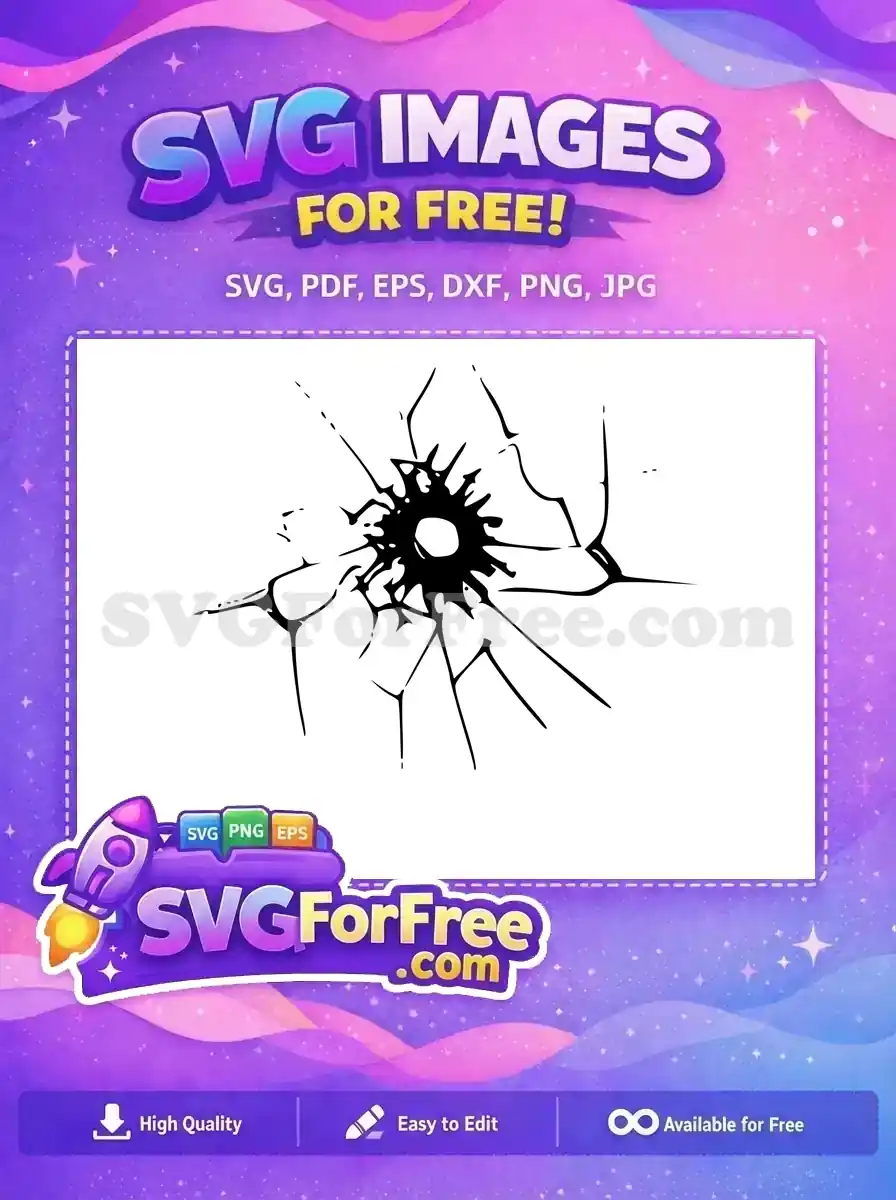 A free impactful bullet hole SVG design, showcasing shattered glass with radiating cracks, ideal for creative projects.