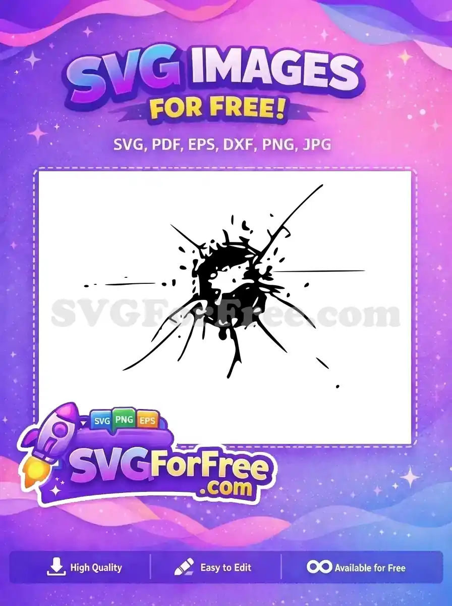 A striking free bullet hole splatter design, featuring jagged black ink on a pristine white background. This free graphic adds intense visual impact.