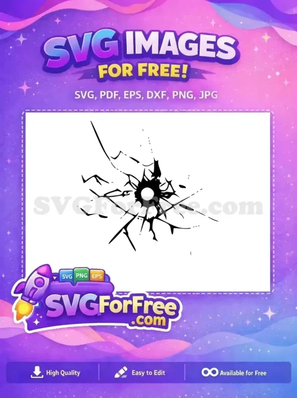 Free bullet hole impact SVG design, showing a black shattered center with radiating cracks on a white background. A versatile free graphic.