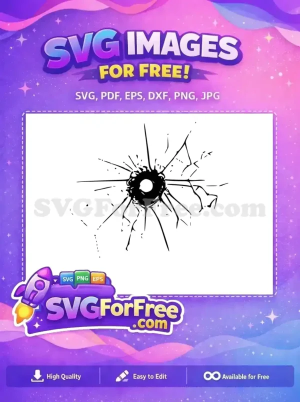 Free Bullet Hole SVG Design – Impactful & Edgy Graphic A free bullet hole design, showing a central impact with radial cracks, perfect for edgy graphic projects. This free SVG is highly detailed.