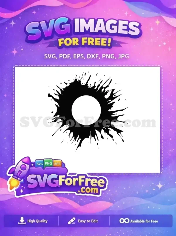 Free Ink Splatter Circle SVG – Dynamic Graphic Design A captivating free ink splatter SVG design, black splash with a white circle. This free graphic adds a dynamic, artistic touch.