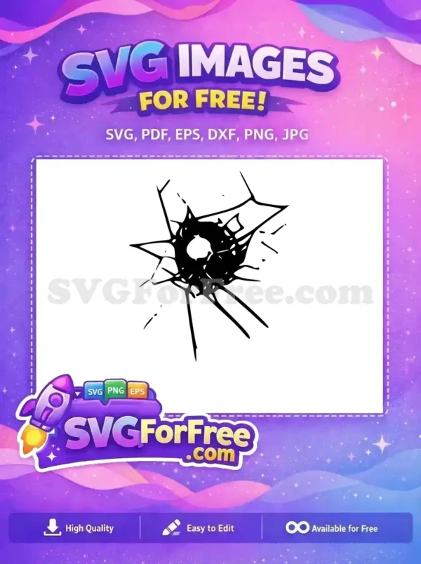 A striking free SVG of a black bullet hole impact, featuring shattered glass-like cracks radiating outwards. Ideal free design for edgy graphics.
