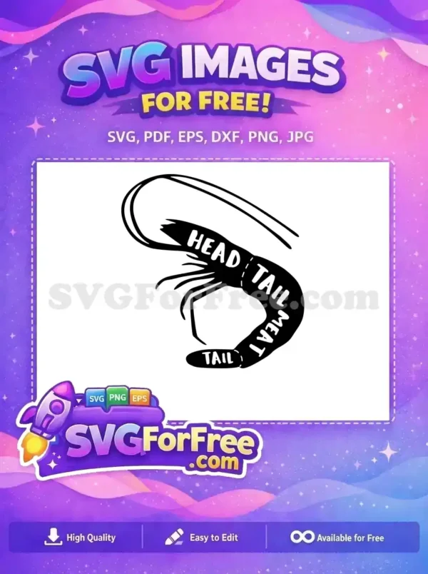 A free design of a shrimp silhouette, clearly labeled 'HEAD', 'TAIL', and 'MEAT', ideal for free culinary use.