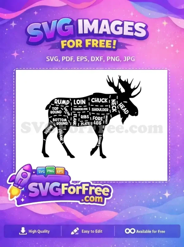 A detailed free SVG of a moose cut diagram, labeling prime meat sections for butchering. Essential free design.