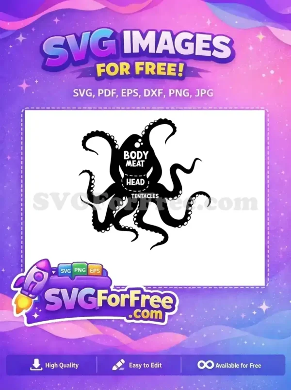 This free octopus diagram clearly labels 'BODY MEAT,' 'HEAD,' and 'TENTACLES.' A versatile free SVG for culinary or educational use.