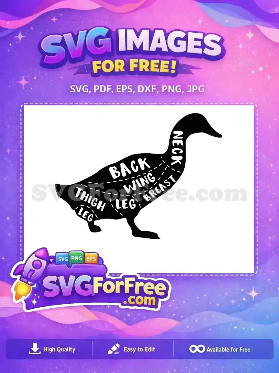 A free duck butchery diagram, black silhouette with white labels for neck, breast, wing, leg, thigh cuts. Free design.