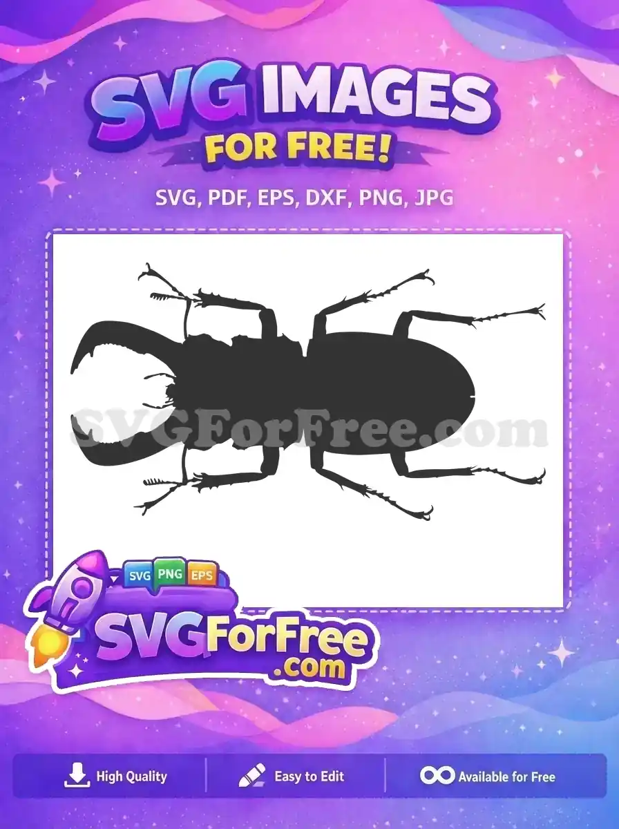 A detailed silhouette of a stag beetle, offered as a free design, showcasing its distinctive large mandibles and segmented body.