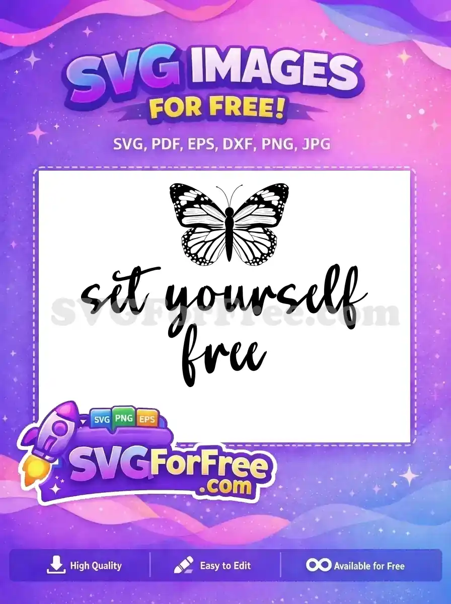 A captivating free design featuring a black and white monarch butterfly above the empowering phrase 'set yourself free', ideal for various projects.