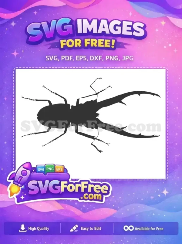 Free Stag Beetle Silhouette SVG – Impressive Insect Design A striking free black silhouette of a majestic stag beetle, showcasing its impressive mandibles and intricate legs. Download this free design.