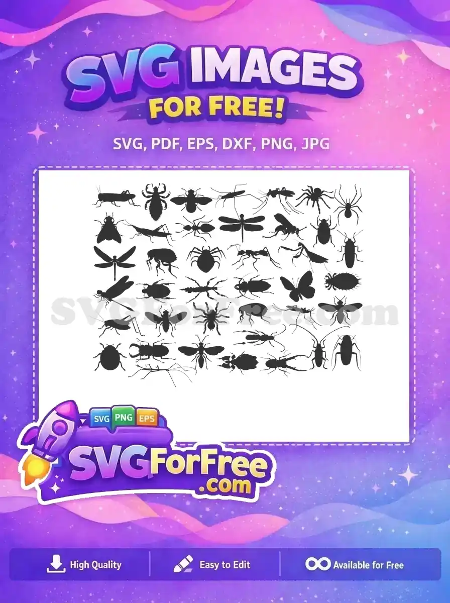 A free design featuring a comprehensive collection of over 40 distinct insect and bug silhouettes. Ideal free vector for any project.