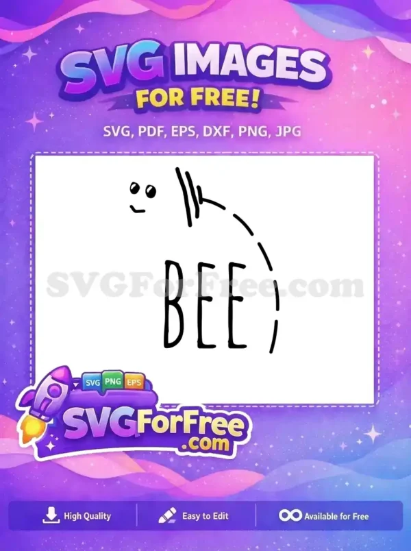 Free Cute Doodle Bee SVG Design – Whimsical Vector Art A free whimsical hand-drawn bee illustration with 'BEE' text below, featuring a cute face and dashed body. Perfect free SVG for crafts!