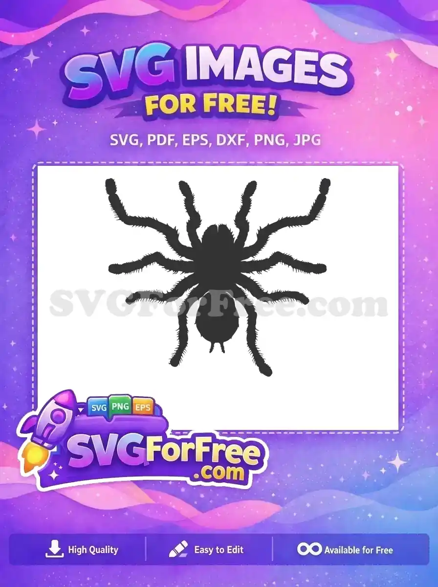 Discover this free tarantula silhouette SVG, capturing the intricate hairy detail of a spider from above. A versatile free design.