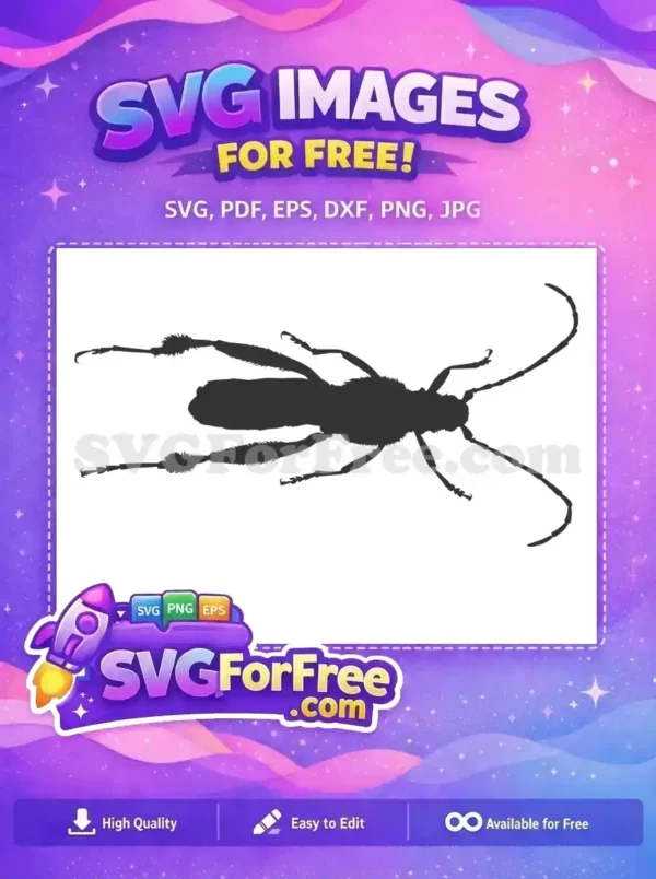 A free, high-quality SVG silhouette of a longhorn beetle, showcasing its intricate antennae and textured legs. Ideal for nature-inspired designs.