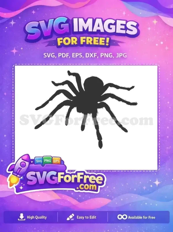 A striking black silhouette of a tarantula, showcasing its hairy legs. This free design is ideal for spooky themes.