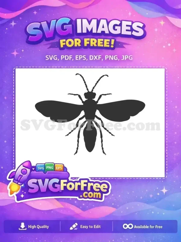 Free Flying Insect Silhouette Design – High-Quality Free Vector A detailed free silhouette of a flying insect, possibly a wasp or bee, with wings, body, legs, and antennae. This free design is ideal for crafts.