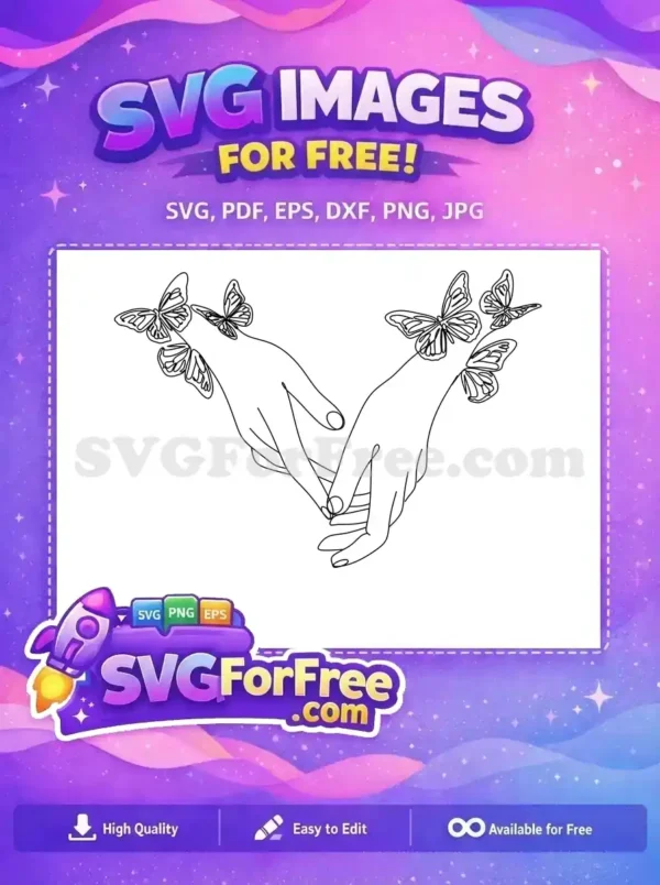 Elegant free line art design showcasing two hands gently touching, adorned with graceful butterflies. A beautiful free SVG.