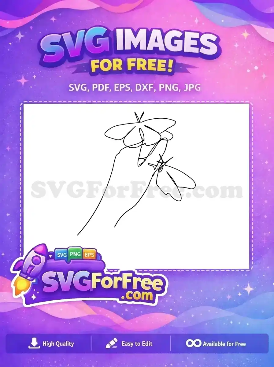 A beautiful free continuous line art SVG showcasing a hand gently holding two delicate moths. This free design is perfect for minimalist projects.