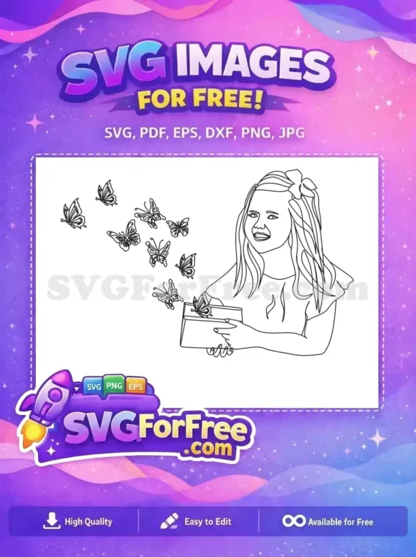 A charming free design illustrating a girl with long hair, a bow, smiling as butterflies emerge from a box, ideal for various crafts.