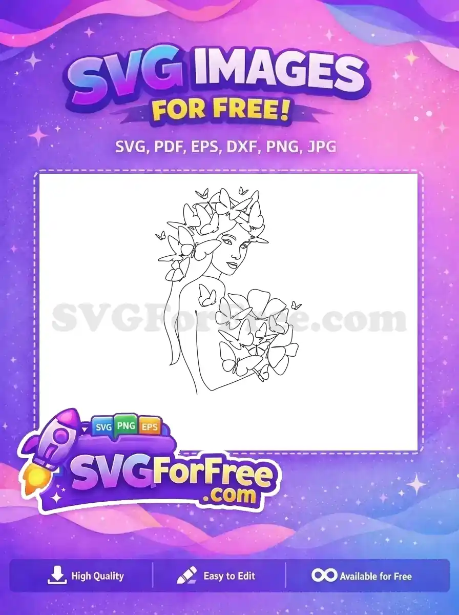 A stunning free line art SVG of a woman with delicate butterflies gracefully intertwined in her hair and around her body. A beautiful free design for any project.