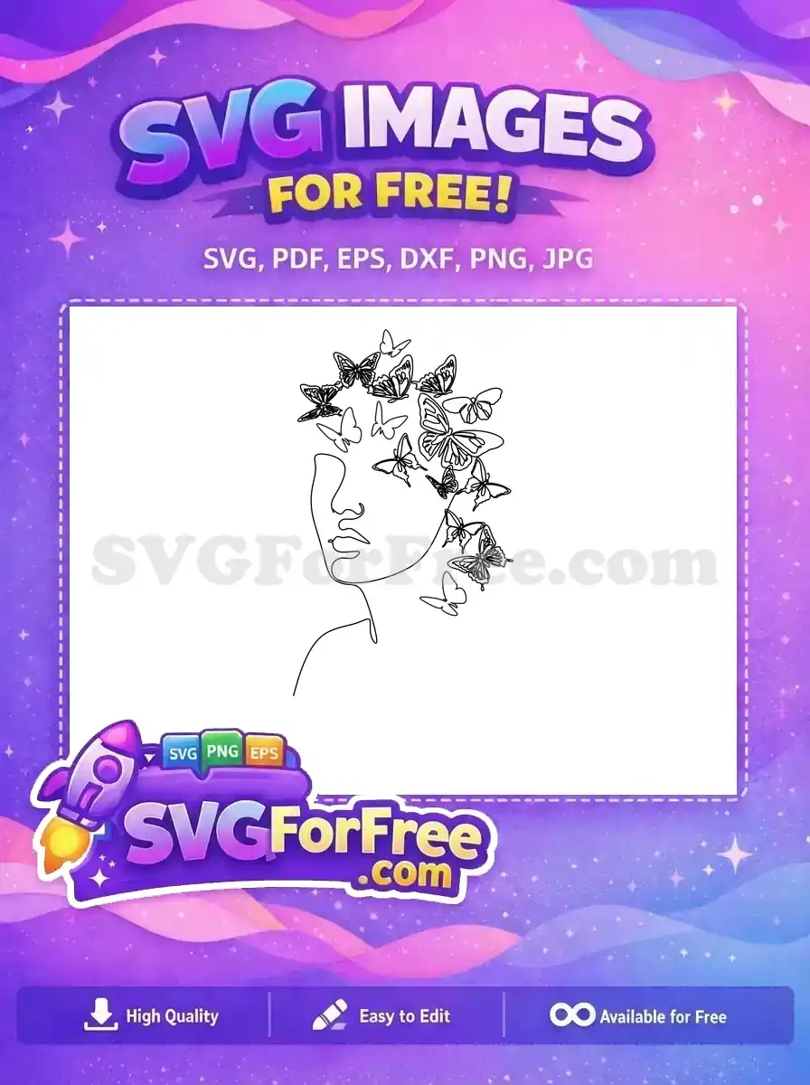A stunning free design featuring a woman's profile in elegant line art, with a swarm of beautiful butterflies.
