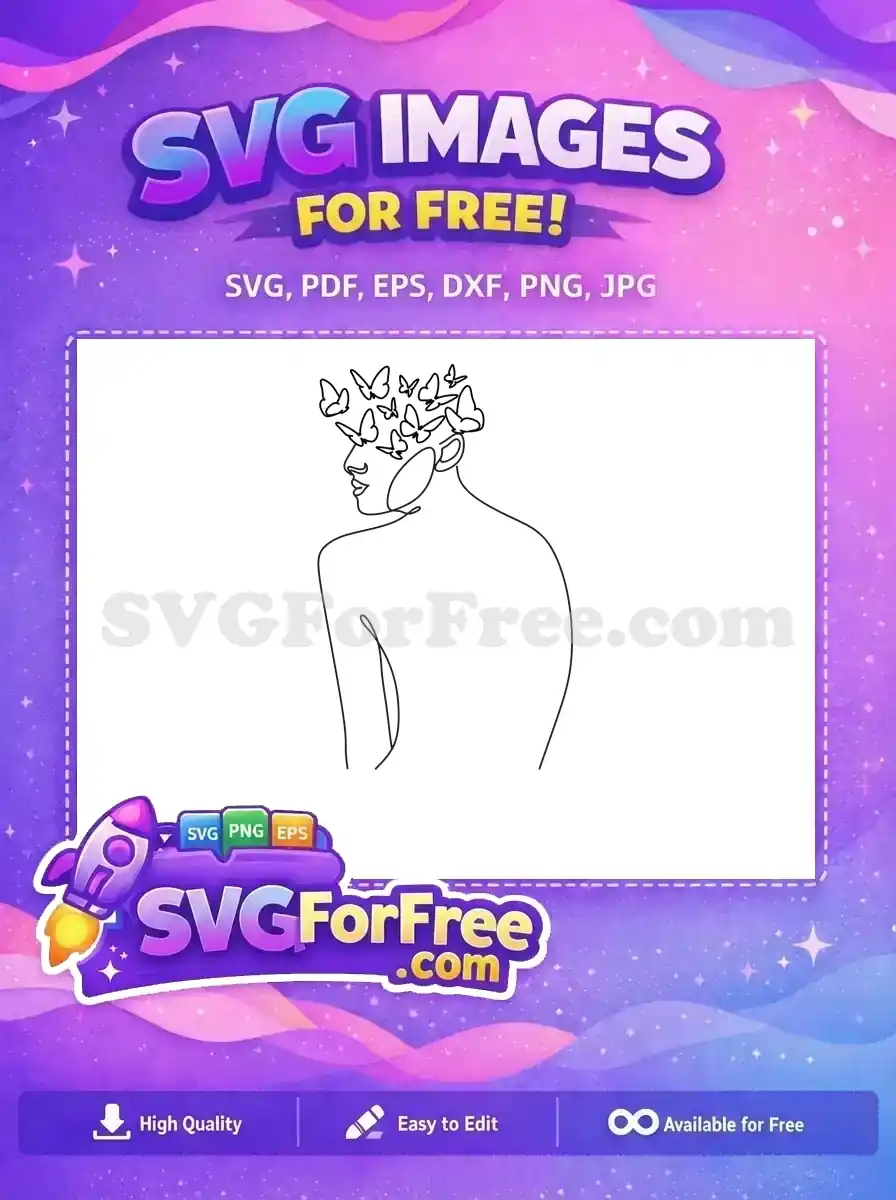Elegant free line art SVG featuring a person's profile with a cascade of free butterflies symbolizing thought and freedom. A unique free design.