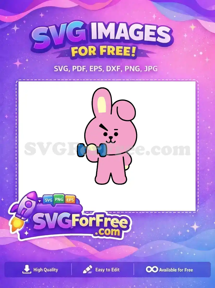 A free Cooky-like pink rabbit character flexing with a blue dumbbell. This cheerful free design symbolizes strength and determination, perfect for fitness themes and more fun.