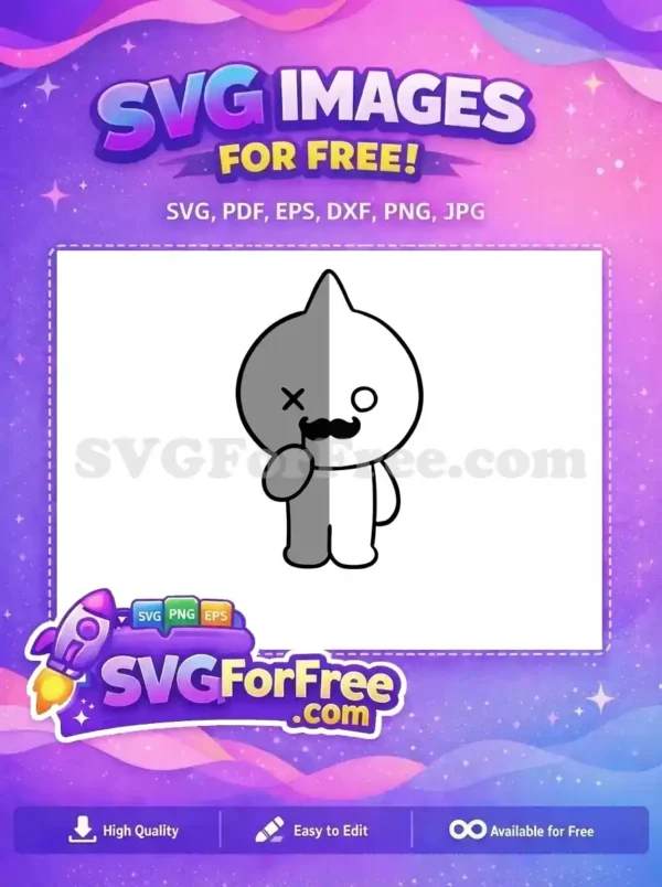 A free split-face character SVG, half grey with an X-eye, half white with a circular eye and mustache. A whimsical free vector design.