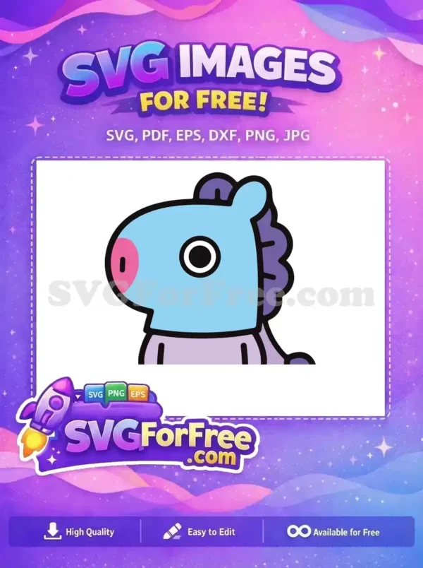 A free SVG of BT21's Mang, featuring its iconic blue body, pink nose, and purple mane. Ideal for diverse free creative projects.