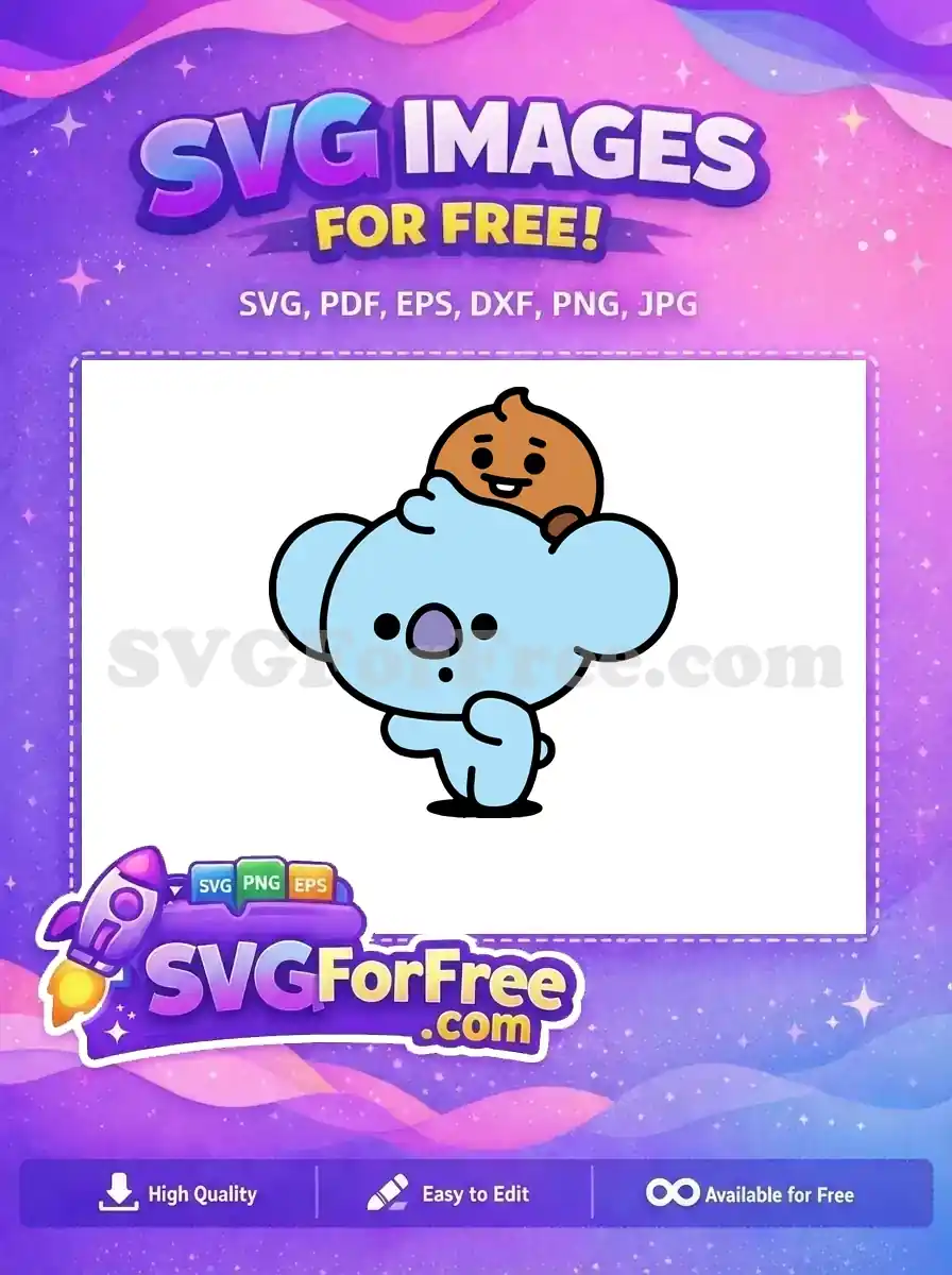 A free design featuring the adorable BT21 Koya with Shooky on its head, ideal for diverse creative projects. This free SVG is a must-have!