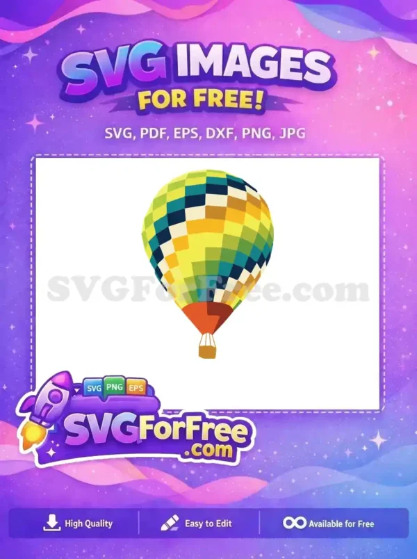 Free, whimsical hot air balloon design, showcasing a vibrant patchwork of yellow, green, blue, and orange colors. Download this free SVG!