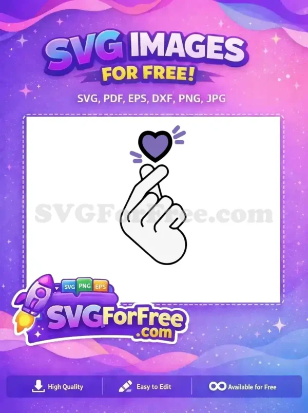 A free minimalist SVG of a hand forming a finger heart gesture with a vibrant purple heart and sparkle accents, ideal for expressing love.