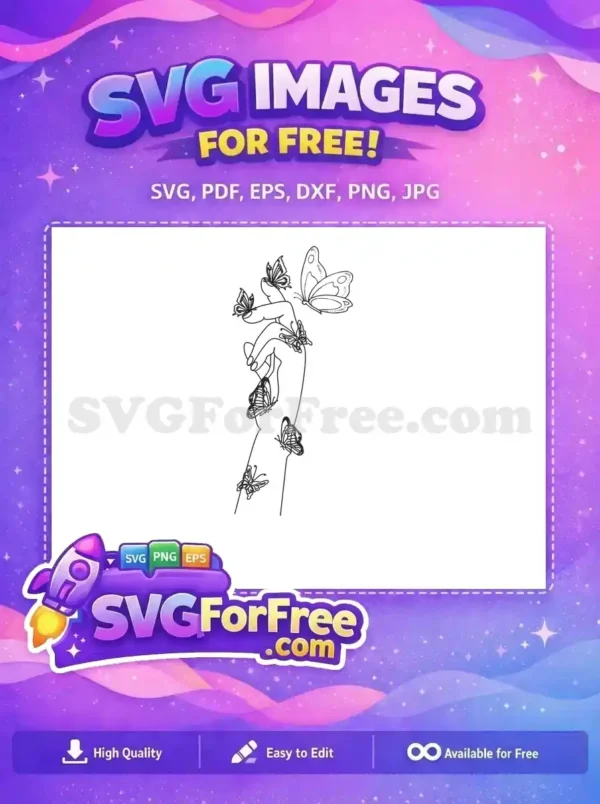 Free SVG of a delicate hand adorned with numerous butterflies, symbolizing freedom and natural beauty. Ideal for creative projects.
