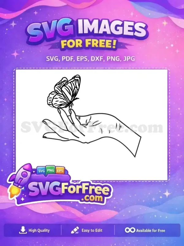 A beautiful free design of a butterfly delicately resting on an open hand, symbolizing freedom and tranquility. Get this free SVG for your creative projects now.