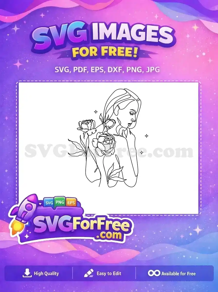 Free line art SVG featuring a woman's profile with flowing hair, adorned by elegant peonies. A beautiful free design.