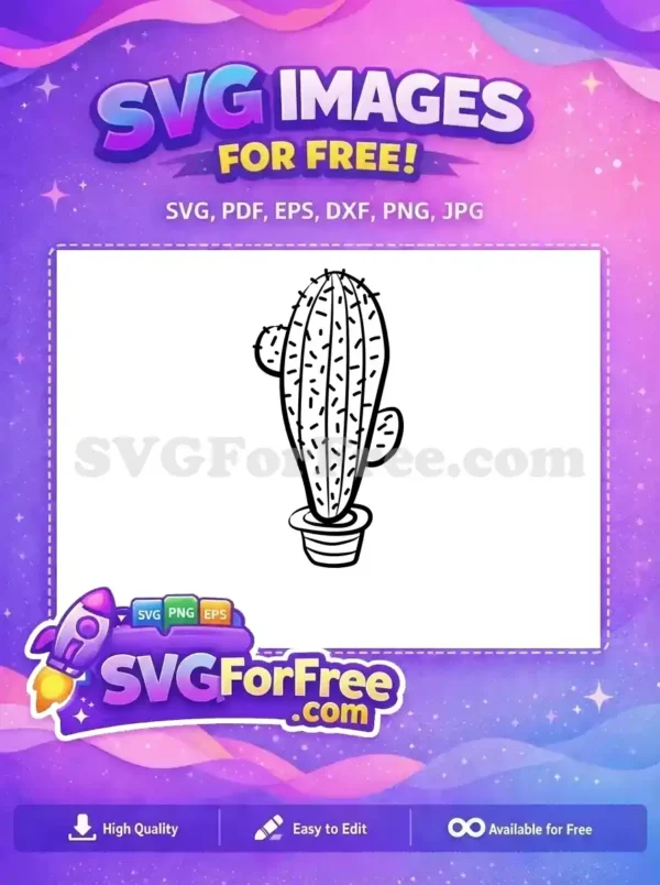 A free charming potted cactus SVG design, featuring bold outlines and dashed spines, ideal for various creative projects.