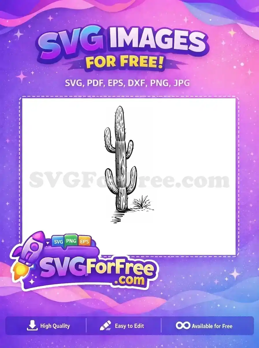 A free hand-drawn Saguaro cactus outline, featuring a tall body with two prominent arms and subtle ground texture. This free desert plant design is perfect for various creative projects. Download this free SVG!