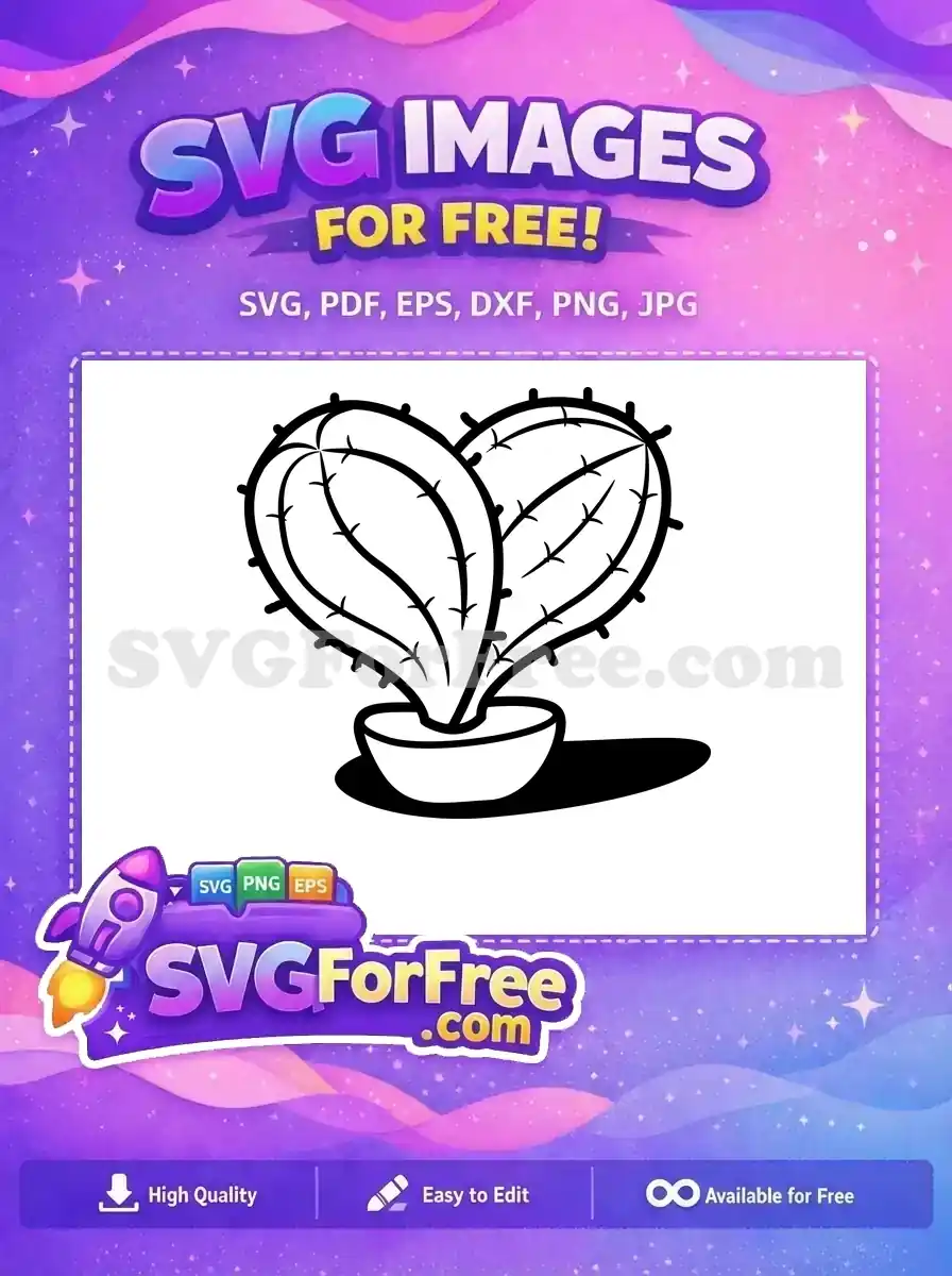 A charming free heart-shaped cactus in a pot, outlined in black, featuring adorable thorns. This free design adds unique desert charm.