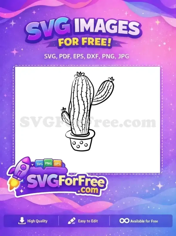 A delightful free outline drawing of a potted cactus, featuring a main stem and two smaller offshoots. This free design is ideal for various digital crafting projects.