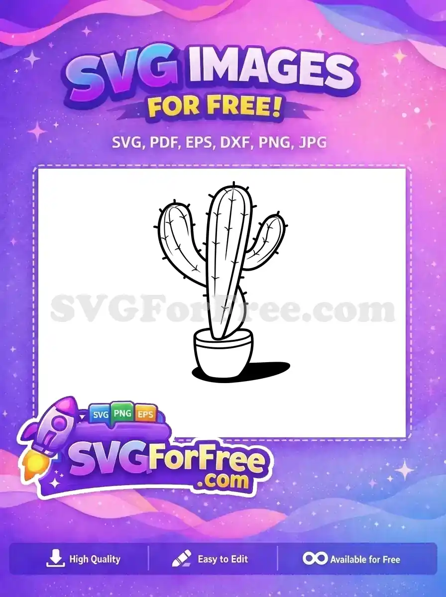 A free black line art drawing of a potted cactus with three arms and small spines, ready for your creative projects. Download now!