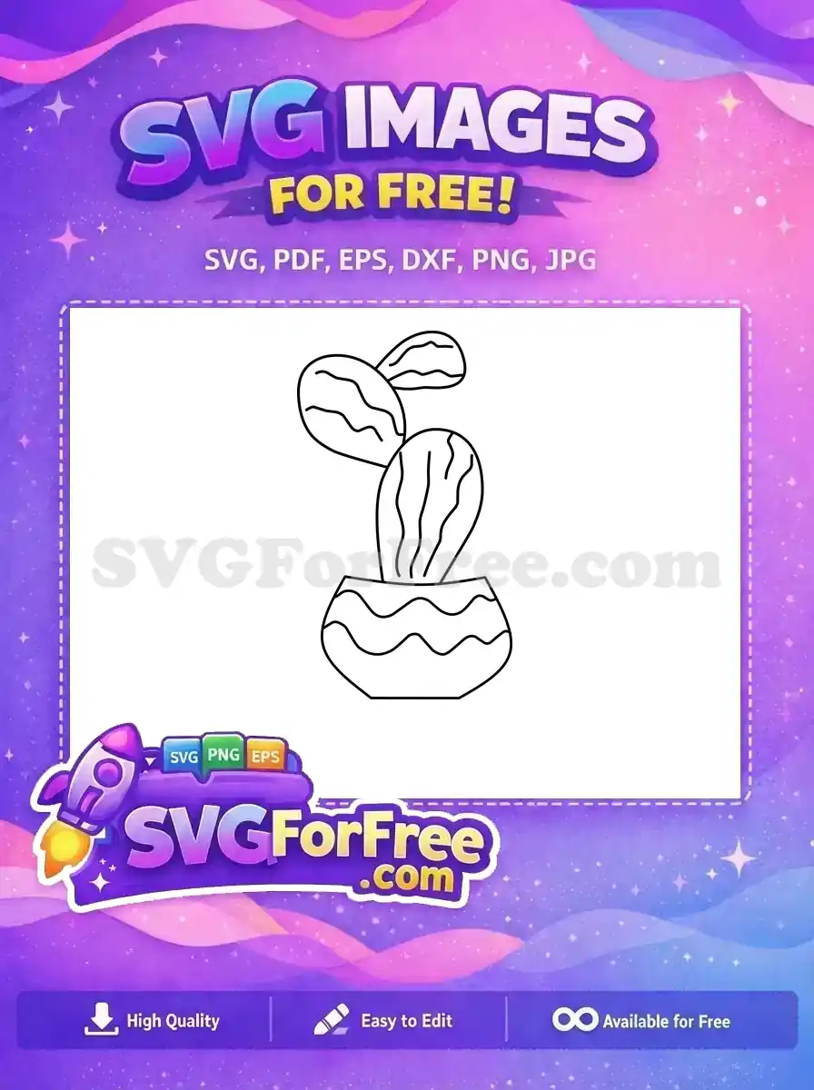 A free minimalist line art SVG of a potted cactus, featuring wavy patterns, ideal for crafting and digital designs. Download this free vector!