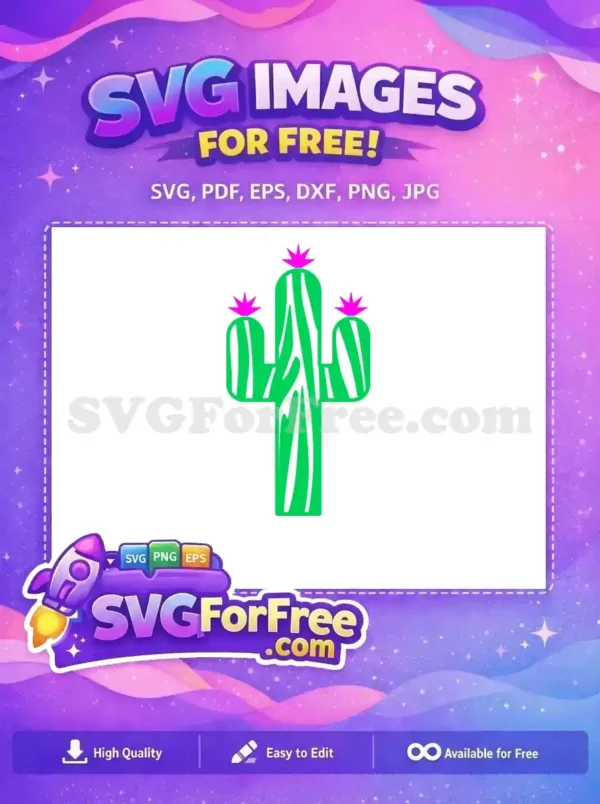 Free vibrant green cactus SVG with three arms and bright pink star flowers, ideal for diverse creative projects.