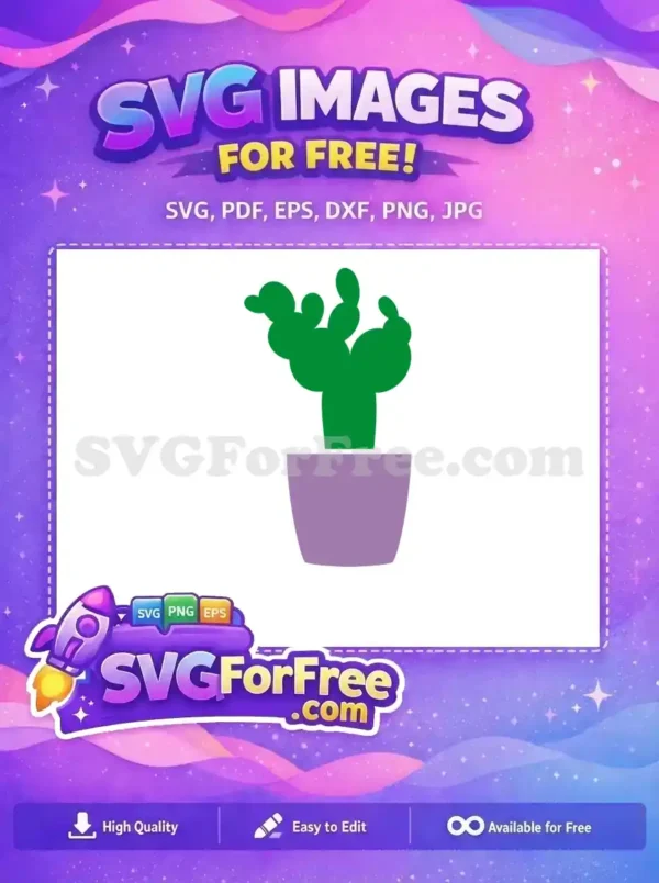 A vibrant green prickly pear cactus in a stylish light purple pot, a perfectly free and charming SVG design.