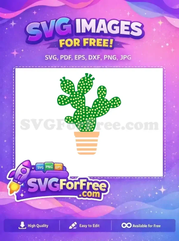 A free design of a cheerful potted cactus with green pads and yellow polka dots, ideal for craft projects and digital art. Free to download.