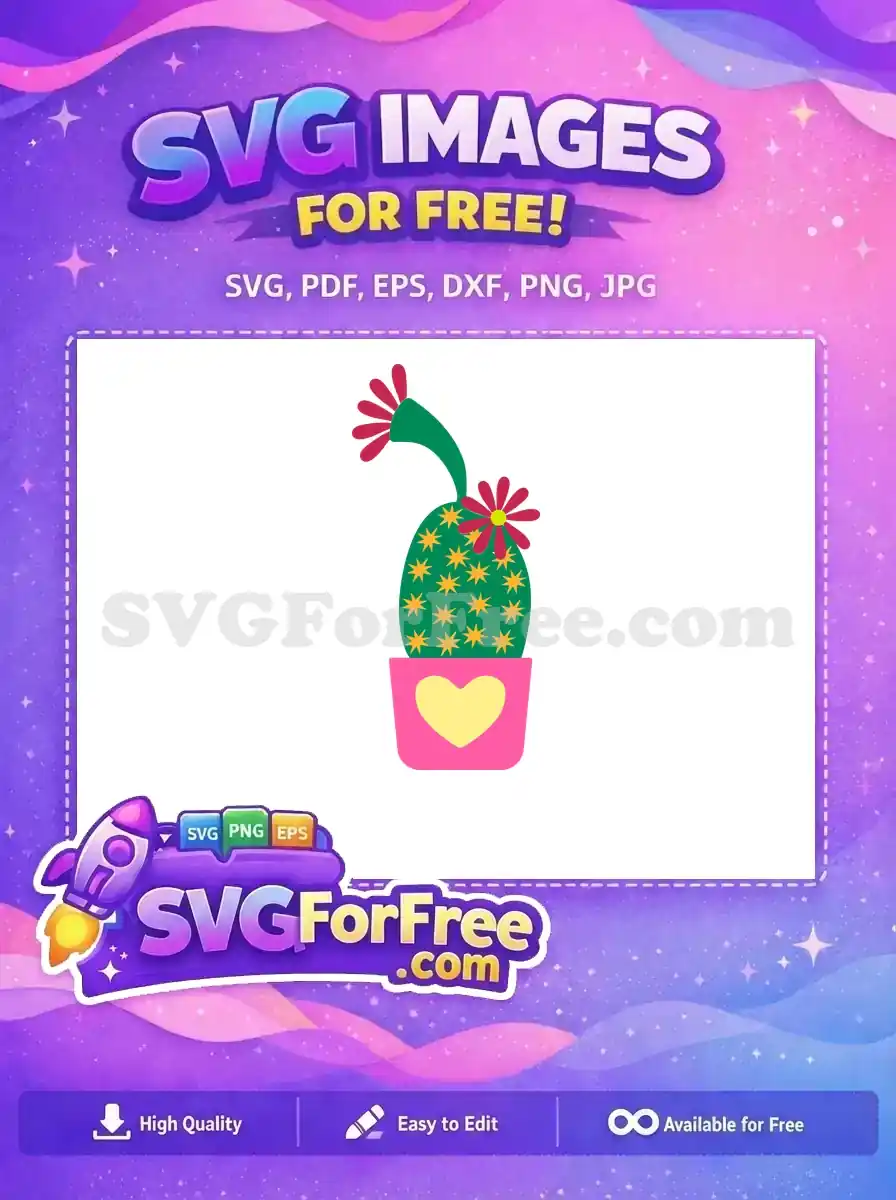 A vibrant free cartoon cactus in a pink pot with a yellow heart, featuring red flowers. Ideal free SVG for crafts.