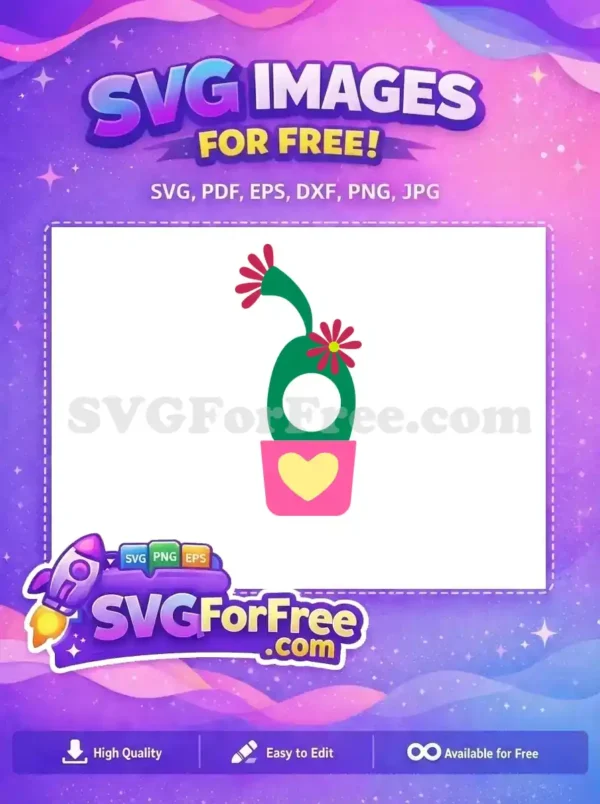 A vibrant free cartoon cactus in a pink pot with a yellow heart, featuring red flowers. A cheerful free design for crafters.