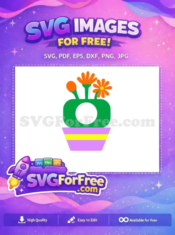 A whimsical free design featuring colorful orange flowers in a green TV-shaped pot with purple and yellow stripes. Get this free SVG!