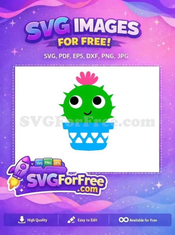 Free Happy Cactus SVG Design – Cute Potted Plant Art A vibrant, free cartoon cactus in a blue pot with a pink flower, featuring friendly eyes and a smile. Ideal for crafts.
