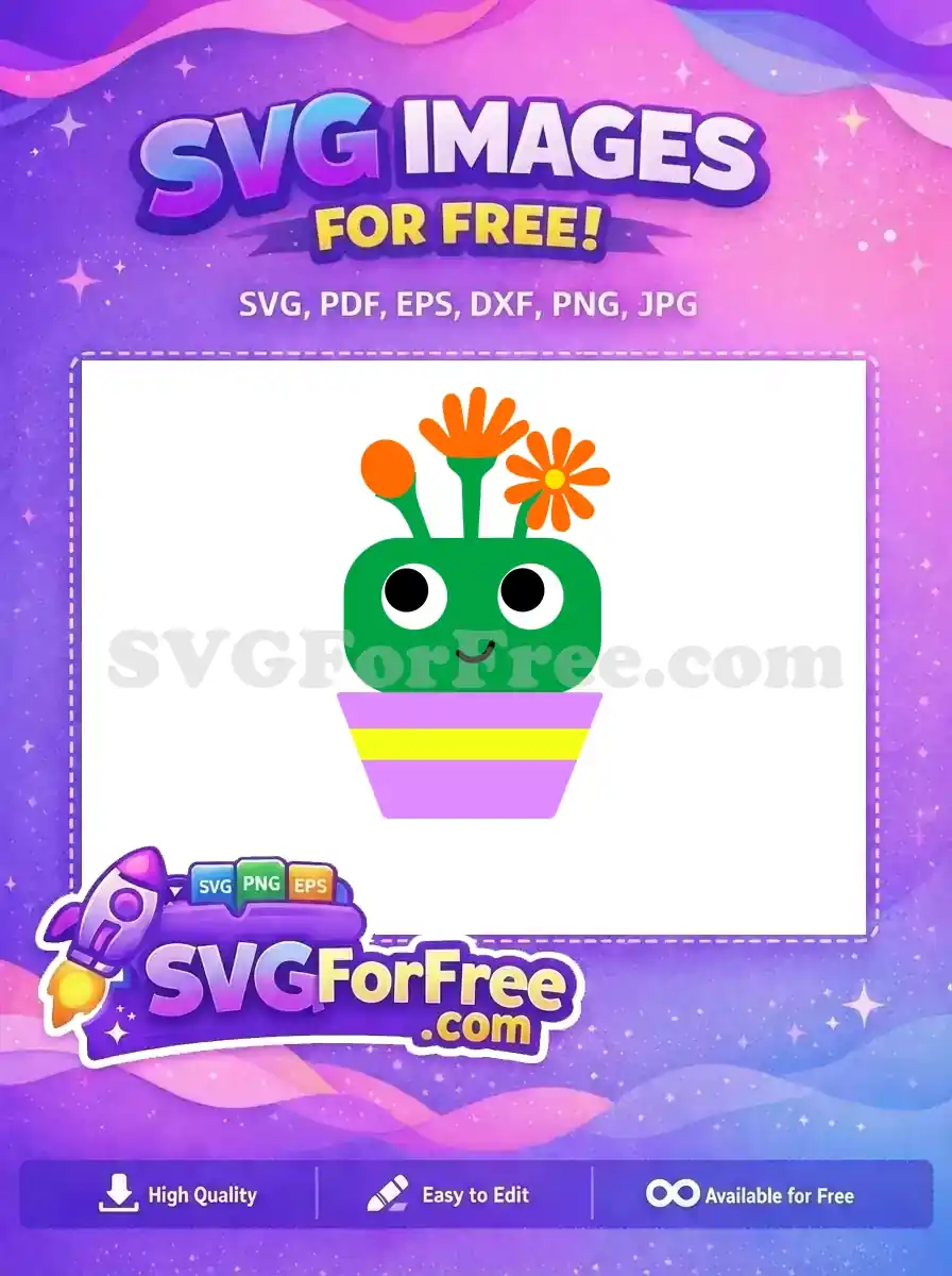 A vibrant, free cartoon plant character in a striped pot, featuring a friendly green face and orange flowers. This free design is perfect for children's projects or whimsical decor, offering easy customization for your creative needs.